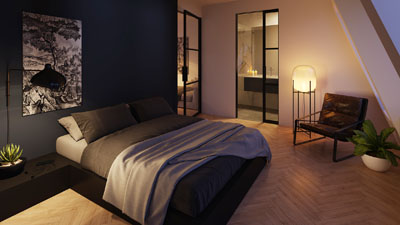 3d-impressie-nachtrender-slaapkamer-op-zolder-met-badkamer-en-dakraam