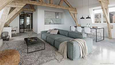 3d-impressie-riante-moderne-woonkamer-zolderverdieping-oude-houten-spanten